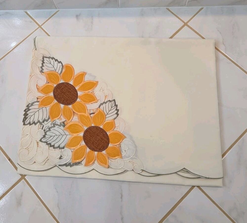 Evermaple Off-White Sunflower Embroidered Tablecloth 60x84 Rectangular Cutwork